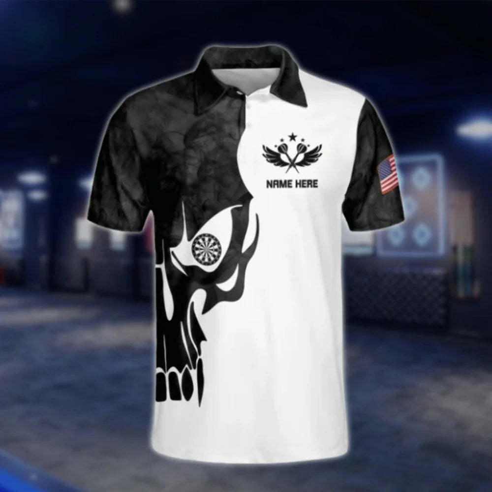 Play Hard Custom Skeleton Dart Polo Shirt For Men, Black And White Custom Skull Dart Shirts DAT0451