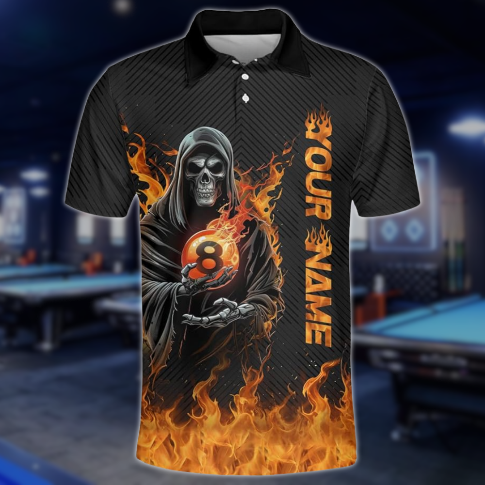 Custom Skull Flame 8 Ball Billiard Team Polo Shirts For Men, Custom Skull Billiard Shirts BLD0296