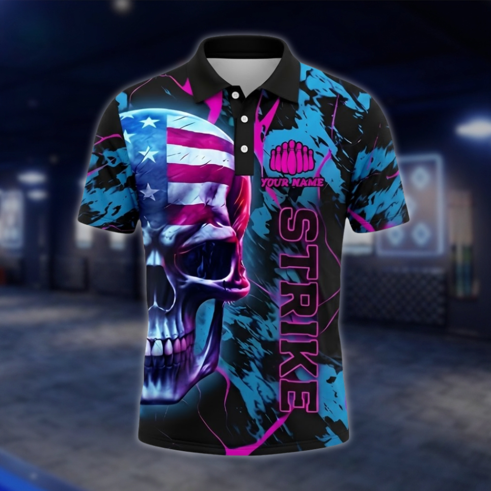 Personalized Skull Cyan Pink Bowling Men Polo Shirt USA Flag, Custom Skull Bowling Shirt Team BZ0874 BOW0072