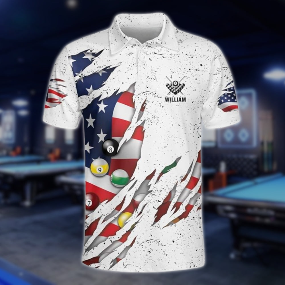 Custom American Flag White Billiard Polo Shirt For Men, Custom Patriotic Billiard Team Shirts BLD0139