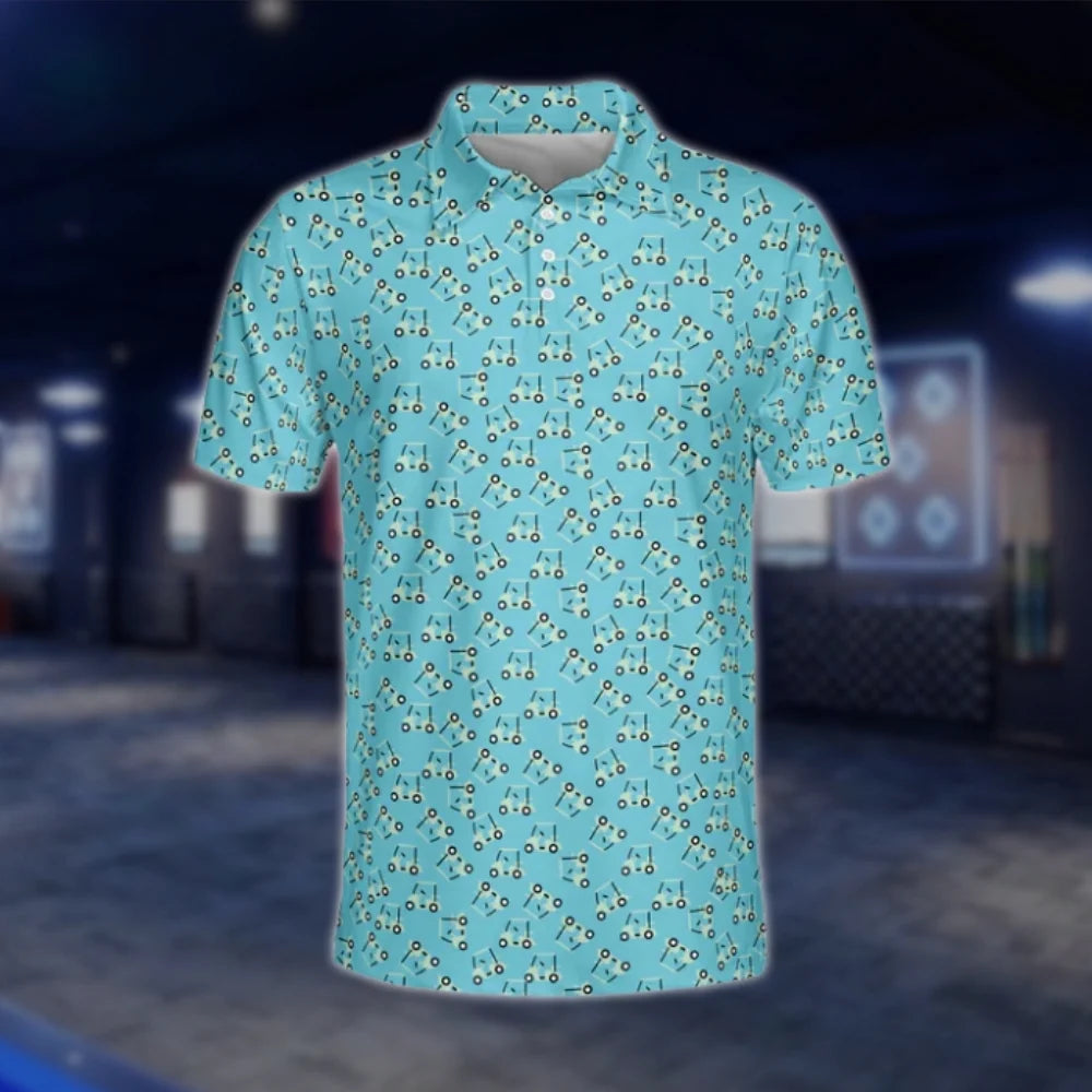 Golf Cart Pattern Teal Golf Polo Shirt For Men, Blue Golf Shirt Men GOF0149