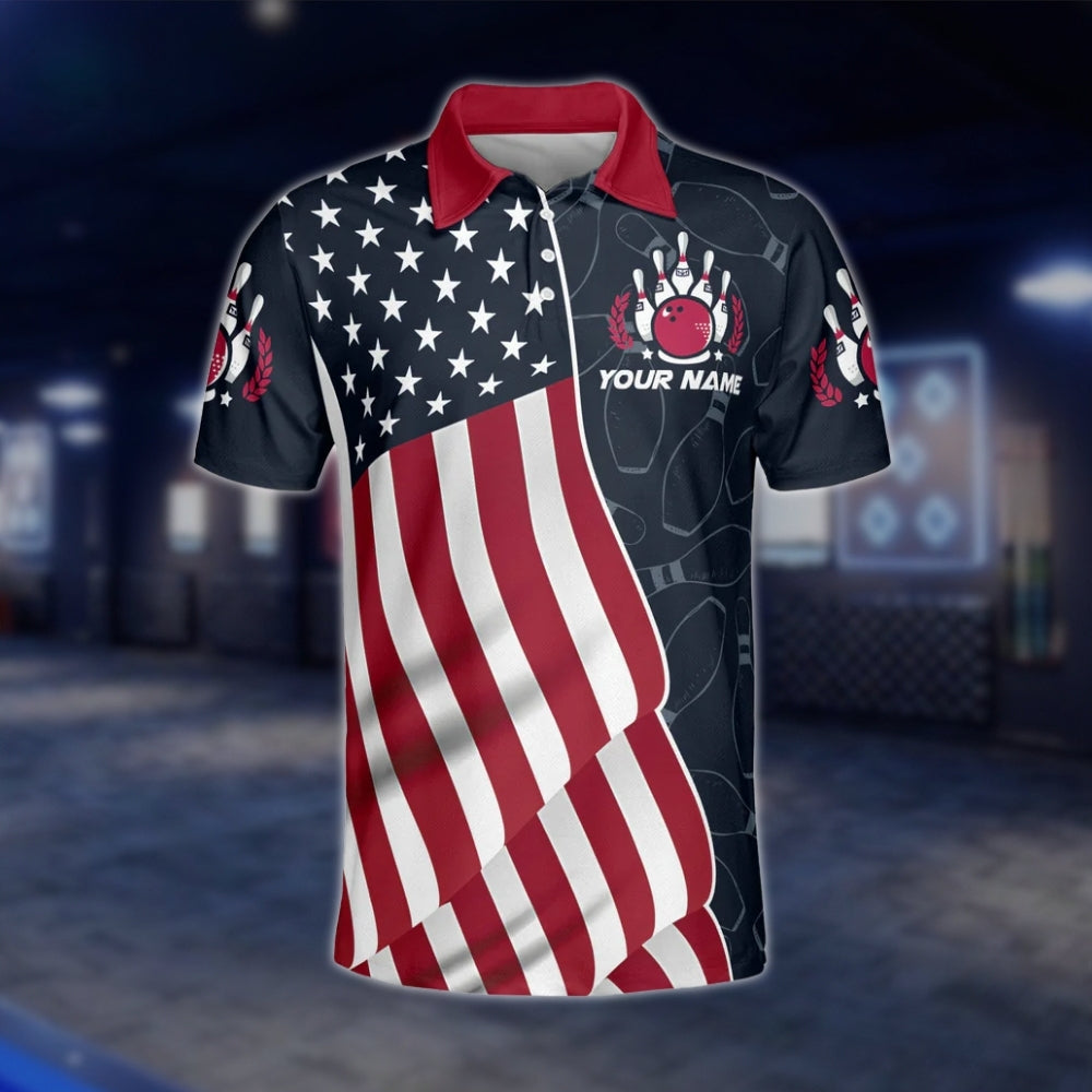 American Flag Custom Mens Bowling Polo Shirt, Custom Patriotic Bowling Team Shirts BZ0208 BOW0191