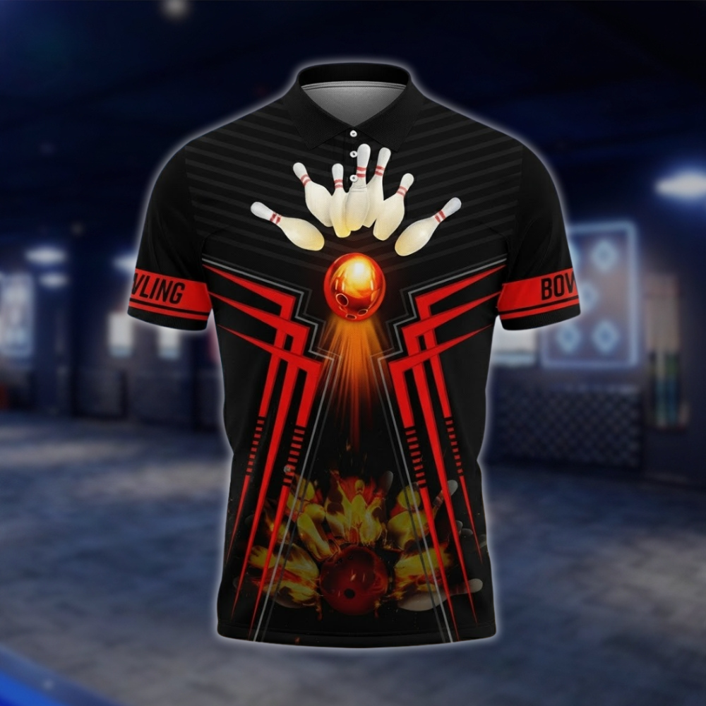 Personalized Flame Bowling Polo Shirt Men Black And Red, Custom Flame Bowling Shirt With Name BZ0748 BOW0171