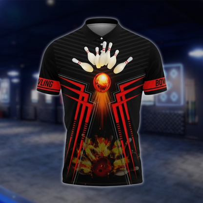 Personalized Flame Bowling Polo Shirt Men Black And Red, Custom Flame Bowling Shirt With Name BZ0748 BOW0171