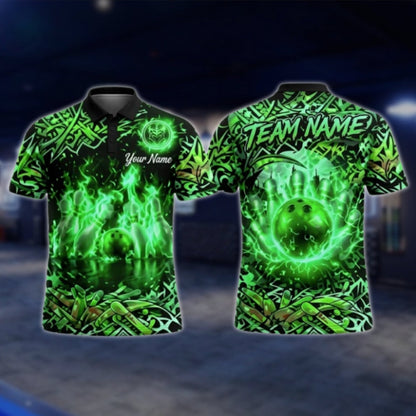 Custom Flame Graffiti Bowling Mens Polo Shirt, Custom Flame Bowling Team Shirts BZ0352 BOW0383