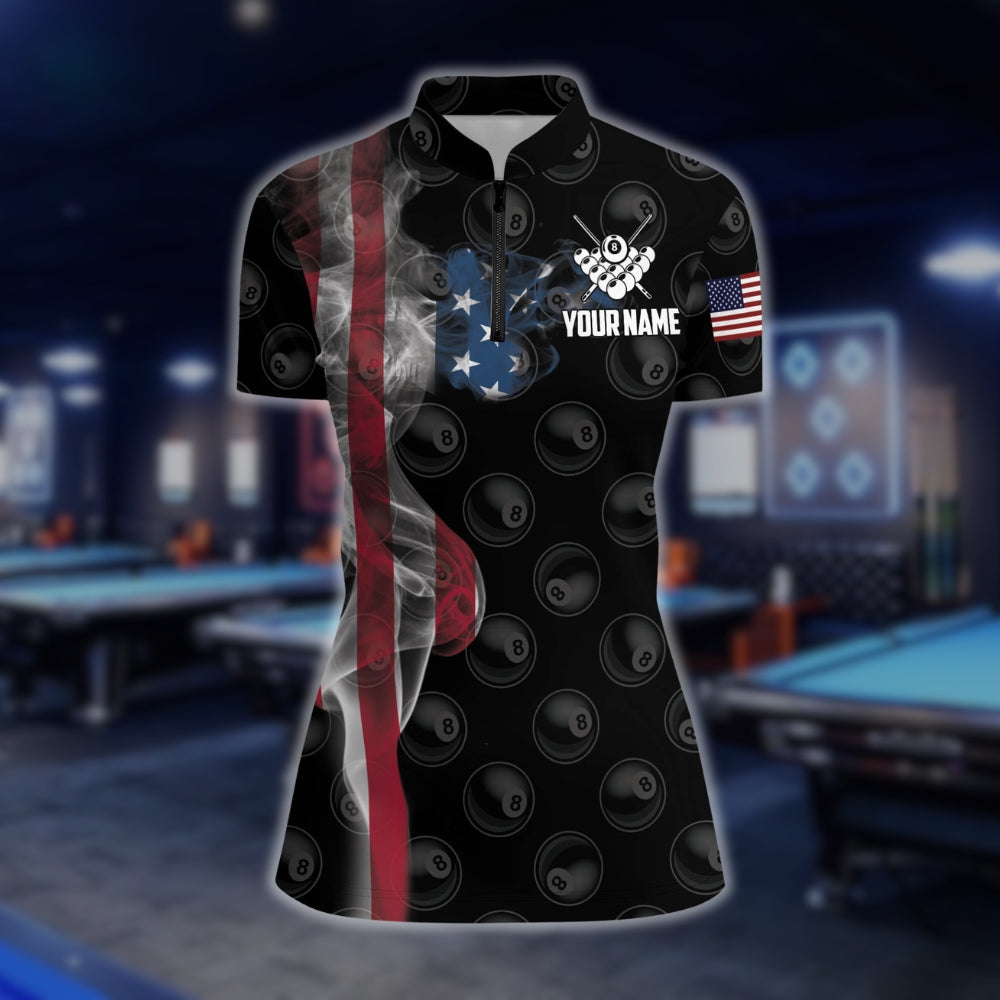 Custom American Flag Smoke 8 Ball Billiard Jersey For Ladies, Women's Custom Patriotic Billiard Team Shirts BLD0172