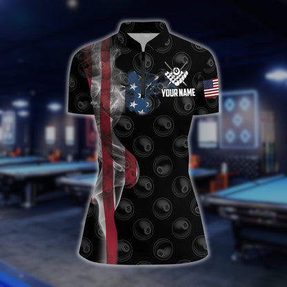 Custom American Flag Smoke 8 Ball Billiard Jersey For Ladies, Women's Custom Patriotic Billiard Team Shirts BLD0172