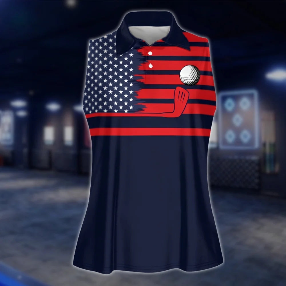 American Flag Sleeveless Women's Navy Golf Shirts, Patriotic Golf Shirts For Women GOF0011