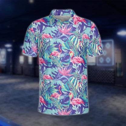 Flamingo Tropical Blue Golf Polo Shirt Men, Flamingo Golf Shirt GOF0151