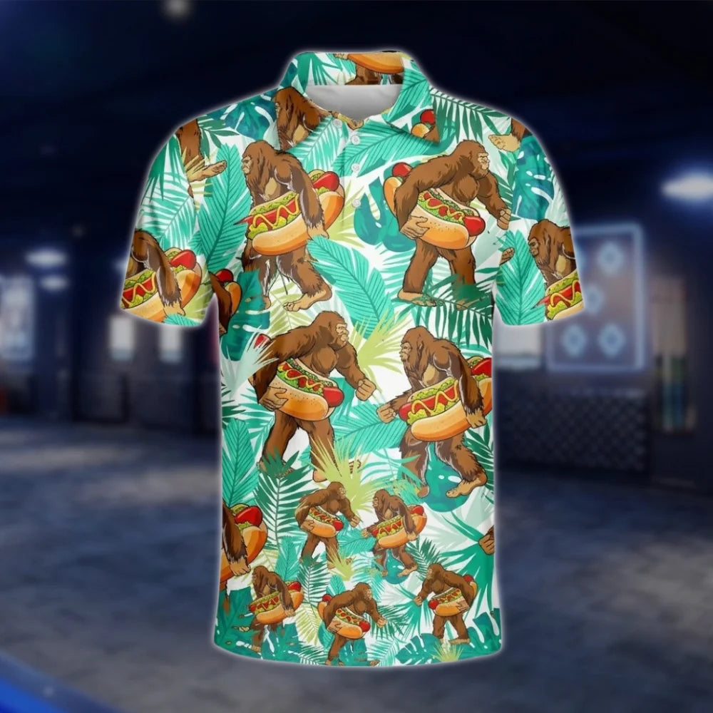 Hot Dog Bigfoot Tropical Golf Men's Polo Shirt, Sasquatch Golf Shirt Men GOF0086
