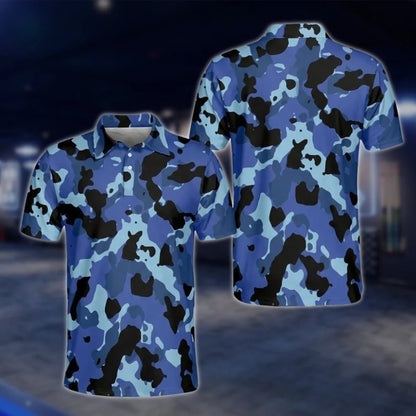 Matching Blue Camo Golf Polo Shirts For Men And Women, Matching Camo His And Her Golf Shirts GOF0175