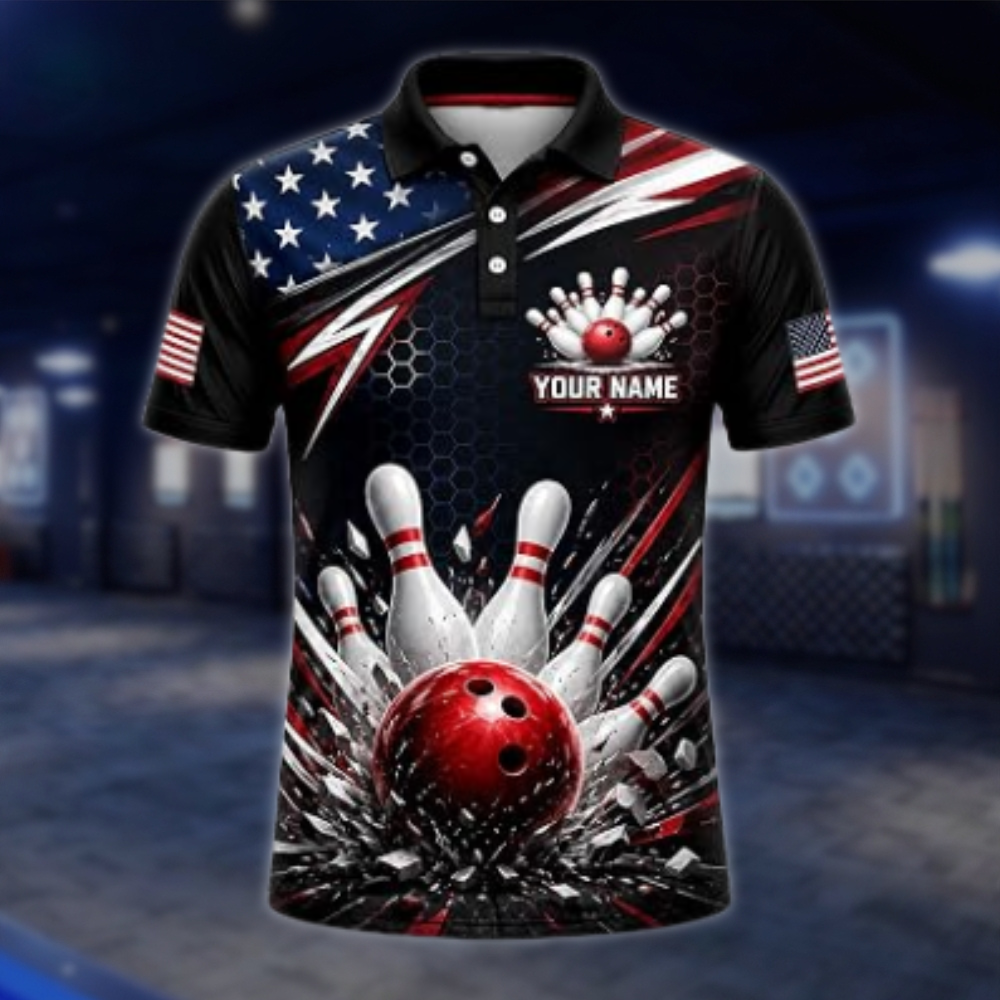 Personalized American Flag Bowling Polo Shirt Mens, Custom Patriotic Bowling Team Shirt BZ0869 BOW0077