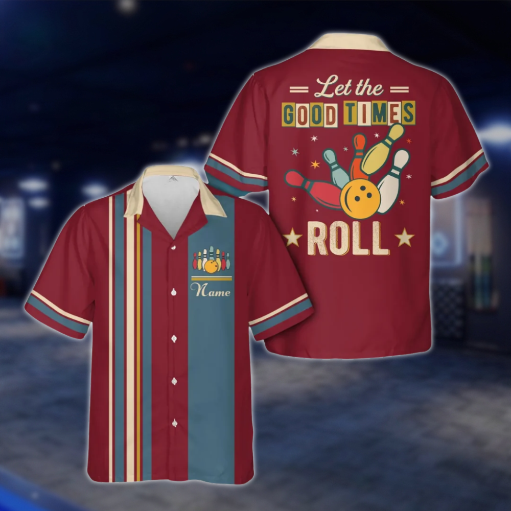 Let The Good Times Roll Personalized Retro Bowling Hawaiian Shirt Men And Women, Custom Funny Bowling Shirt Cyan BE0216 BOW0111
