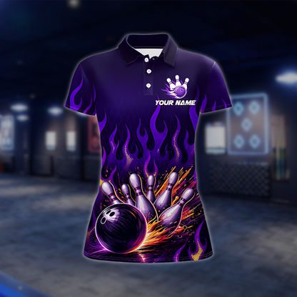 Personalized Flame Women's Bowling Polo Shirt Purple, Custom Flame Team Bowling Shirt For Women BZ0913 BOW0023
