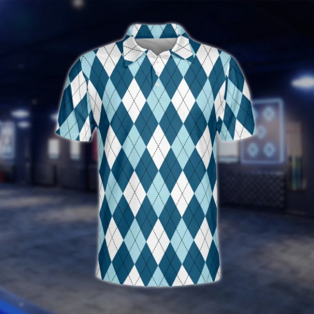 Argyle Blue White Mens Golf Polo Shirts, Argyle Golf Shirts GOF0185
