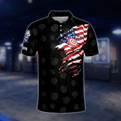Custom American Flag Black Dart Polo Shirt For Men, Custom Patriotic Dart Shirts DAT0247