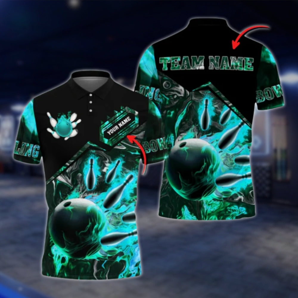 Custom Flame Ball Bowling Mens Polo Shirt, Custom Flame Bowling Shrits For Team BO0104 BOW0395