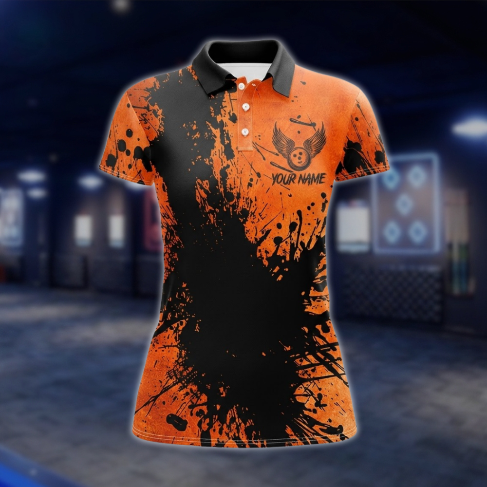 Personalized Women Orange And Black Polo Bowling Team Shirts, Custom Bowling Team ShirtsFor Ladies BZ0736 BOW0183