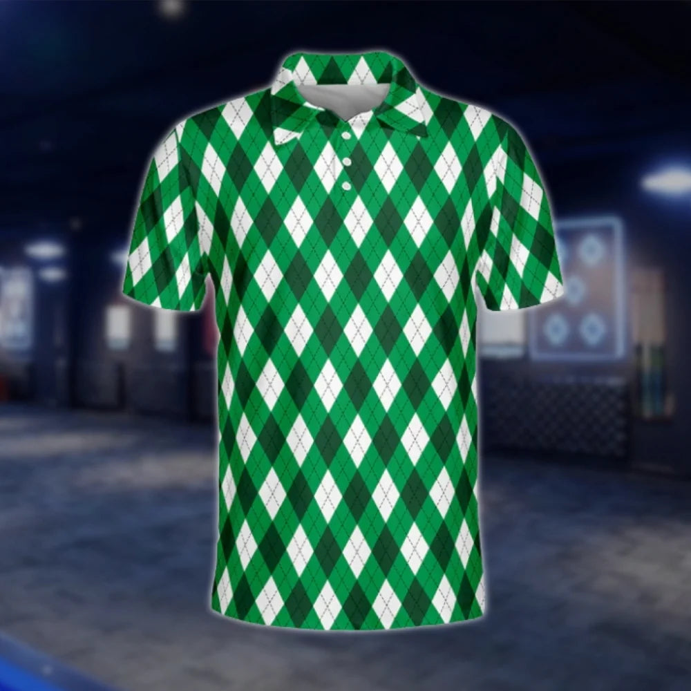 Argyle Green And White Golf Polo Shirts Mens, Argyle Golf Shirts GOF0186