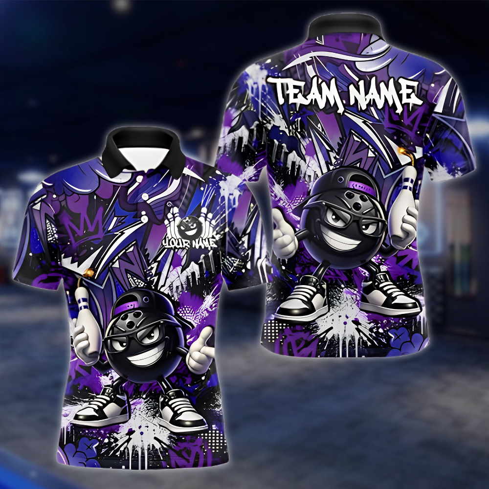 Funny Ball Personalized Graffiti Mens Bowling Polo Shirt, Custom Team Bowling Shirt BZ0914 BOW0012