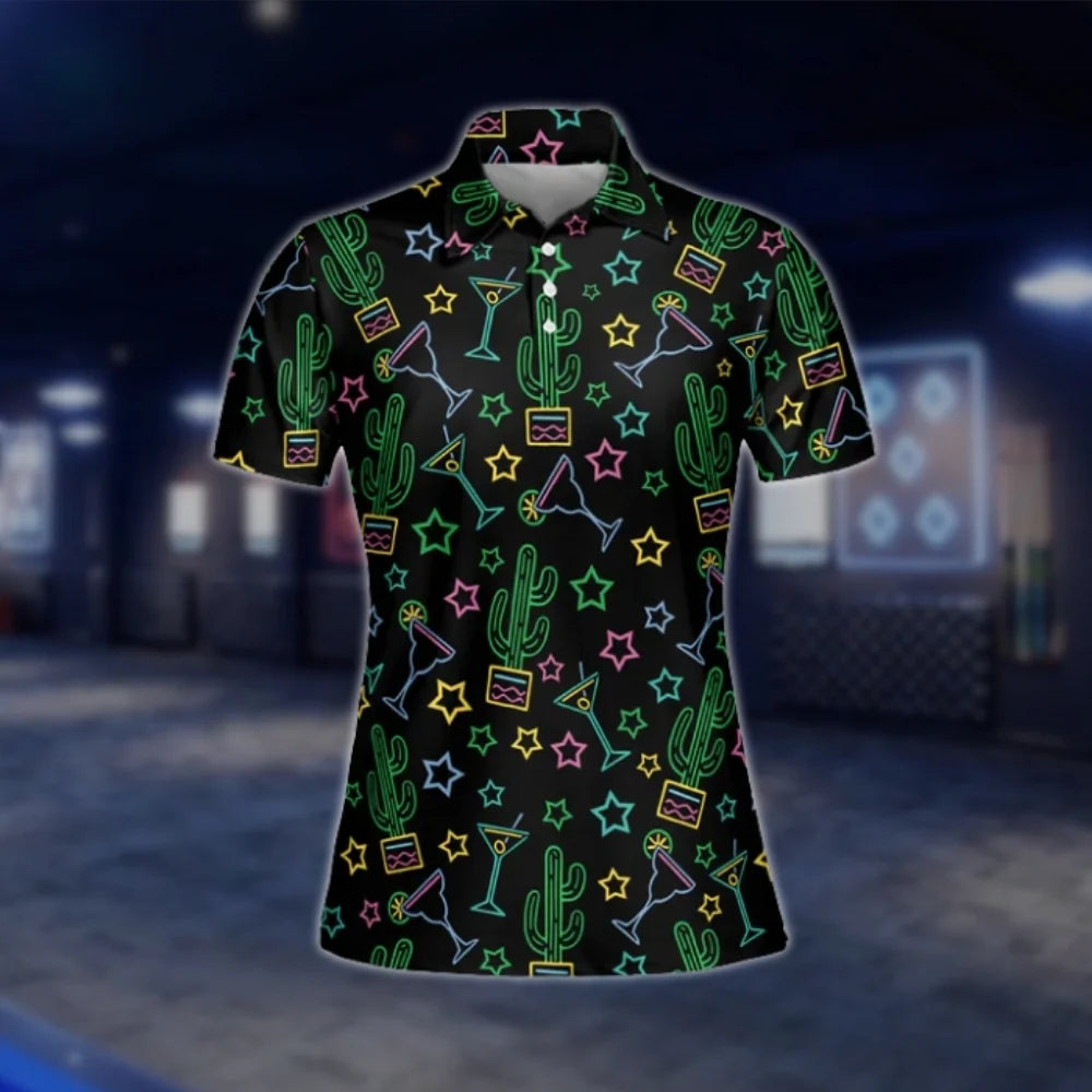 Womens Neon Cactus Cocktail Star Golf Polo Shirts, Cactus Golf Shirts Women GOF0277