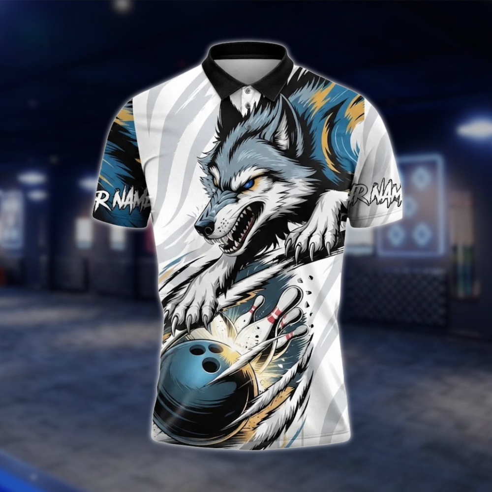 Personalized Wolf Blue And White Bowling Polo Shirt Men, Custom Wolf Bowling Team Shirt BZ0800 BOW0107