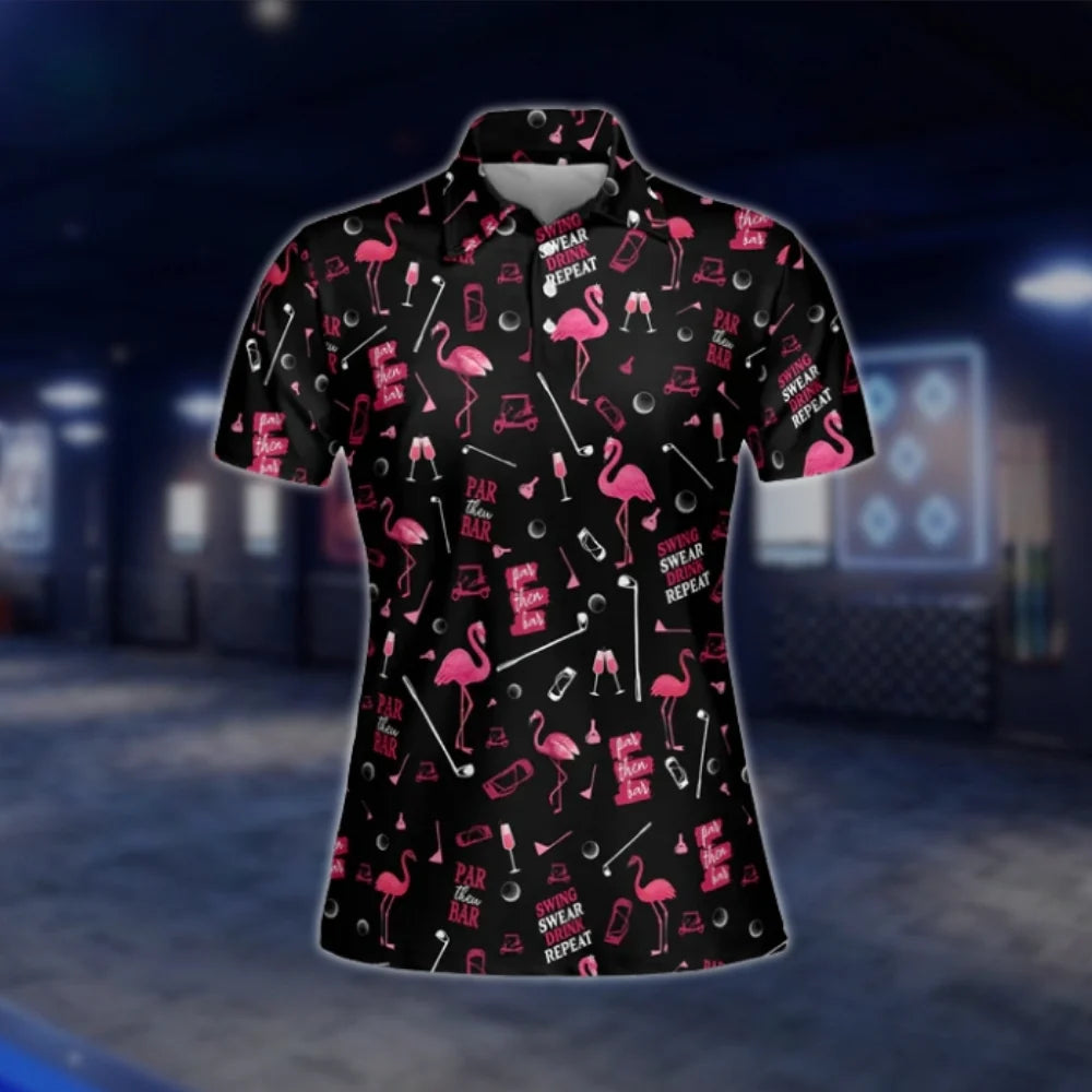 Pink Flamingo Golf Polo Shirts For Women, Ladies Flamingo Golf Shirts GOF0280