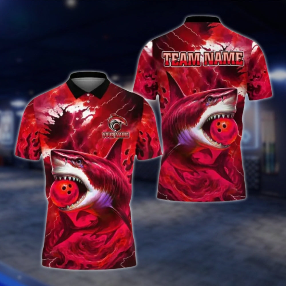 Custom Shark Blue Mens Bowling Polo Shirt, Custom Shark Team Bowling Shirts BE0111 BOW0388