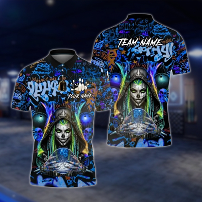 Personalized Cyberpunk Witch Skeleton Graffiti Bowling Mens Polo Shirt, Custom Skull Bowling Team Shirt BZ0794 BOW0113