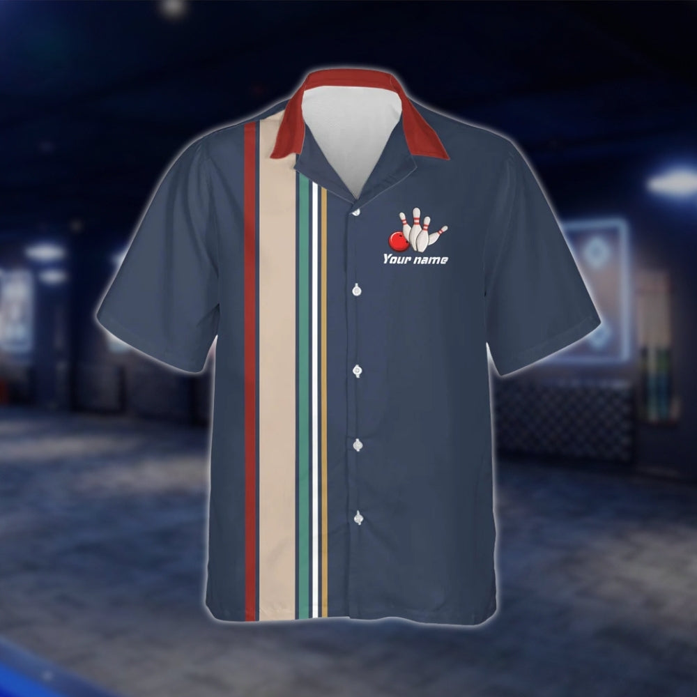 Custom Retro Blue Navy Bowling Hawaiian Shirt Men Women, Custom Retro Bowling Team Shirts BZ0005 BOW0294
