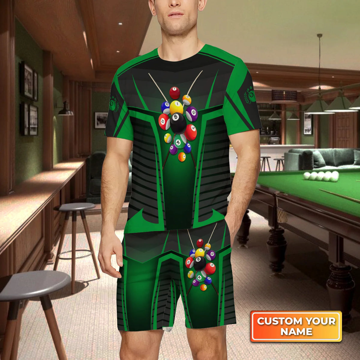 Green Billiard Balls Custom Name 3D Short Sleeve T-Shirt Men's Board Shorts ORN0278
