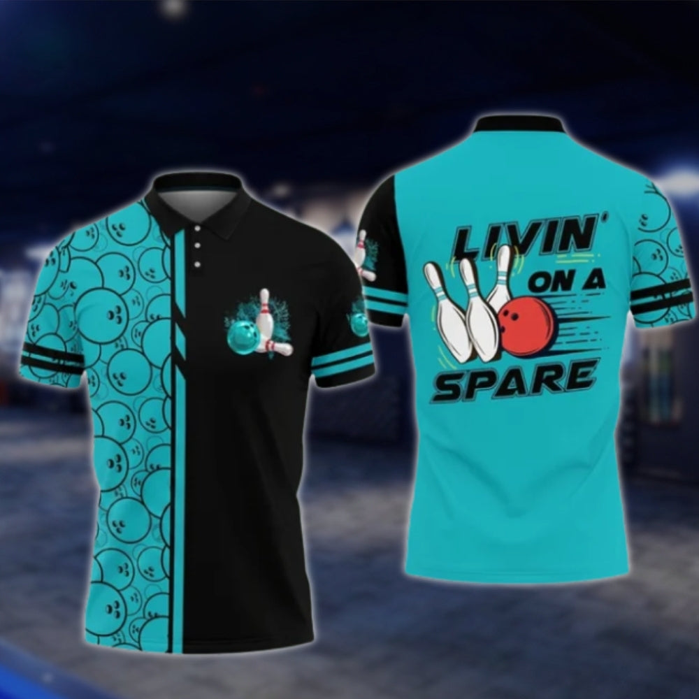 Livin' On A Spare Custom Blue Black Mens Bowling Polo Shirt, Custom Funny Bowling Shirts BO0422 BOW0253