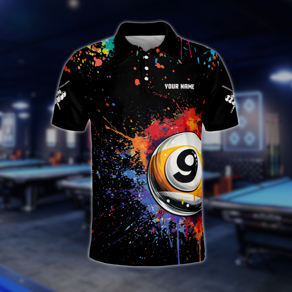 Custom Colorful 9 Ball Billiard Polo Shirt Mens, Custom 9 Ball Pool Shirts For Team BLD0115