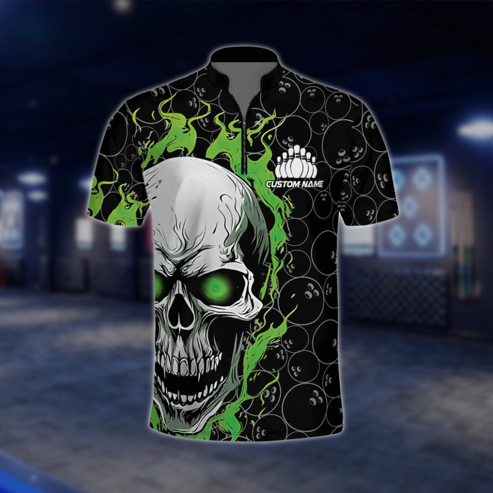 Skull Flaming Custom Green Black Bowling Mens Jersey, Custom Skull Bowling Shirts Team BZ0144 BOW0450
