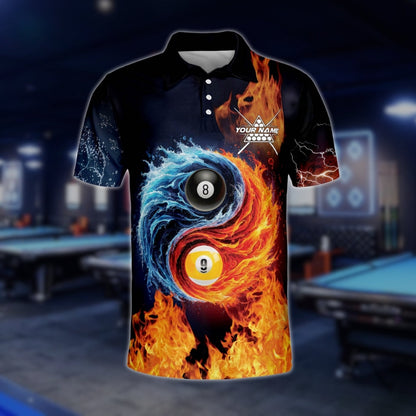 Custom Flame Water 8 Ball And 9 Ball Billiard Polo Shirt Men, Custom Flame Billiard Team Shirts BLD0004
