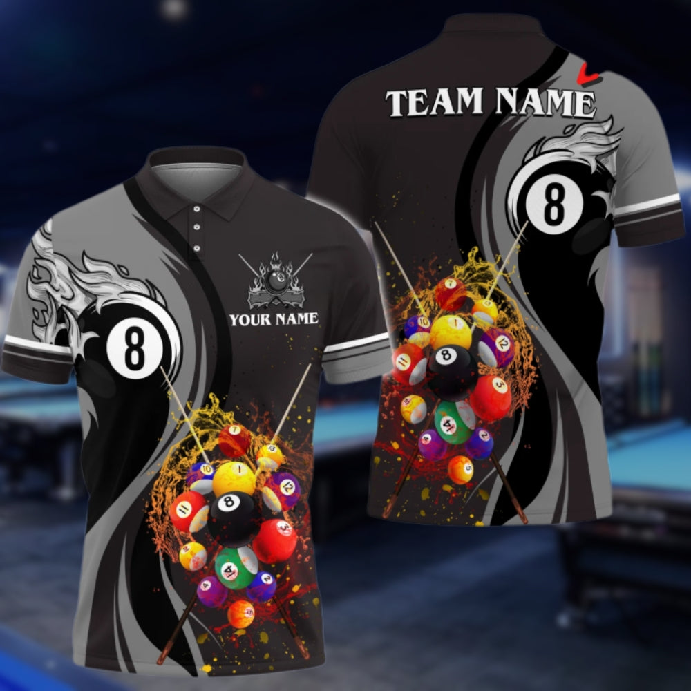 Custom Flame 8 Ball Black Red Billiard Polo Shirt Men, Custom Team 8 Ball Billiard Shirts BLD0036
