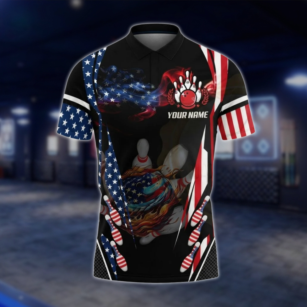 Personalized Fire Ball USA Flag Bowling Polo Shirt Men, Custom Patriotic Bowling Team Shirt BZ0796 BOW0112
