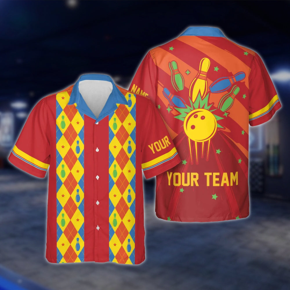 Custom Argyle Red Blue Green Hawaiian Bowling Shirt Men Women, Custom Retro Bowling Shirts For Team BE0015 BOW0347