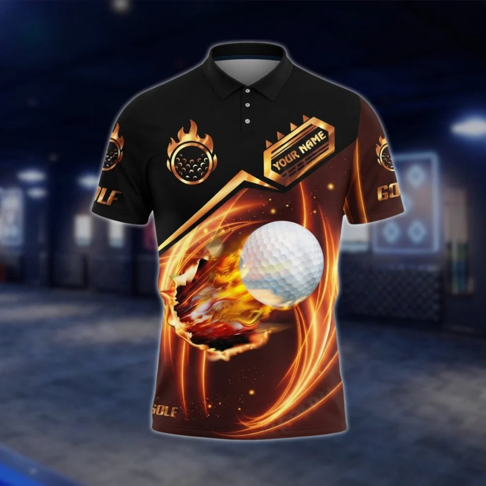 Personalized Fire Golf Ball Golf Polo Shirt Mens, Custom Flame Golf Shirt For Team GOF0027