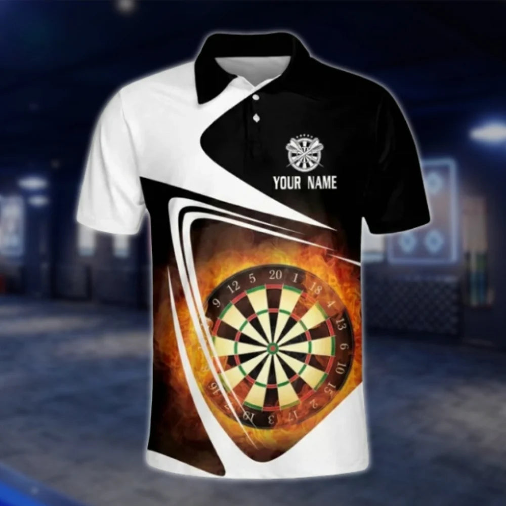 Custom Flaming Dartboard Men's Black White Dart Polo Shirt, Custom Dart Shirts DAT0252