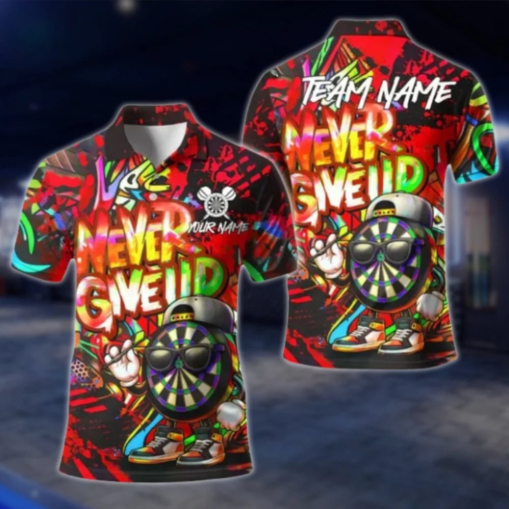 Never Give Up Funny Dartboard Custom Mens Graffiti Dart Polo Shirt, Custom Funny Darts Shirt For Team DAT0380