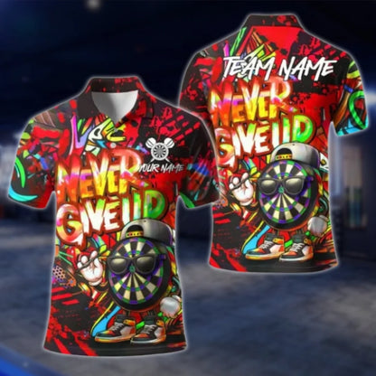 Never Give Up Funny Dartboard Custom Mens Graffiti Dart Polo Shirt, Custom Funny Darts Shirt For Team DAT0380