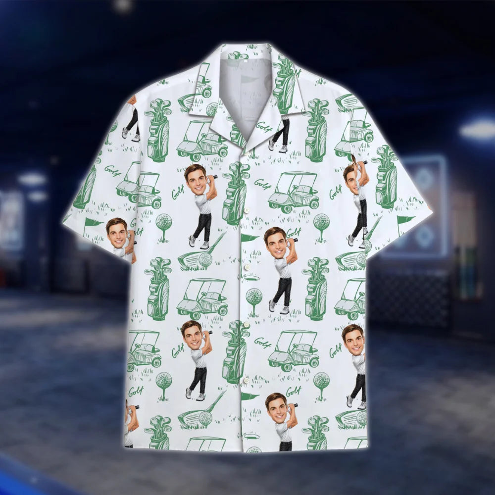 Personalized Photo Mens Hawaiian Shirt Green White, Custom Face Golf Shirt GOF0013