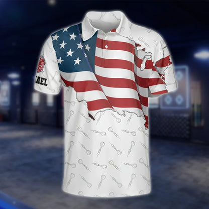 Personalized Grunge American Flag White Men's Dart Polo Shirt, Custom Patriot Dart Shirts DAT0242