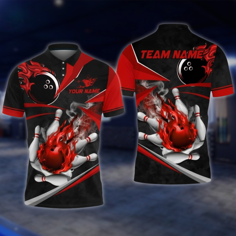 Personalized Fire Ball Black And Gold Bowling Polo Shirt For Men, Custom Flame Bowling Shirt Team BZ0897 BOW0046
