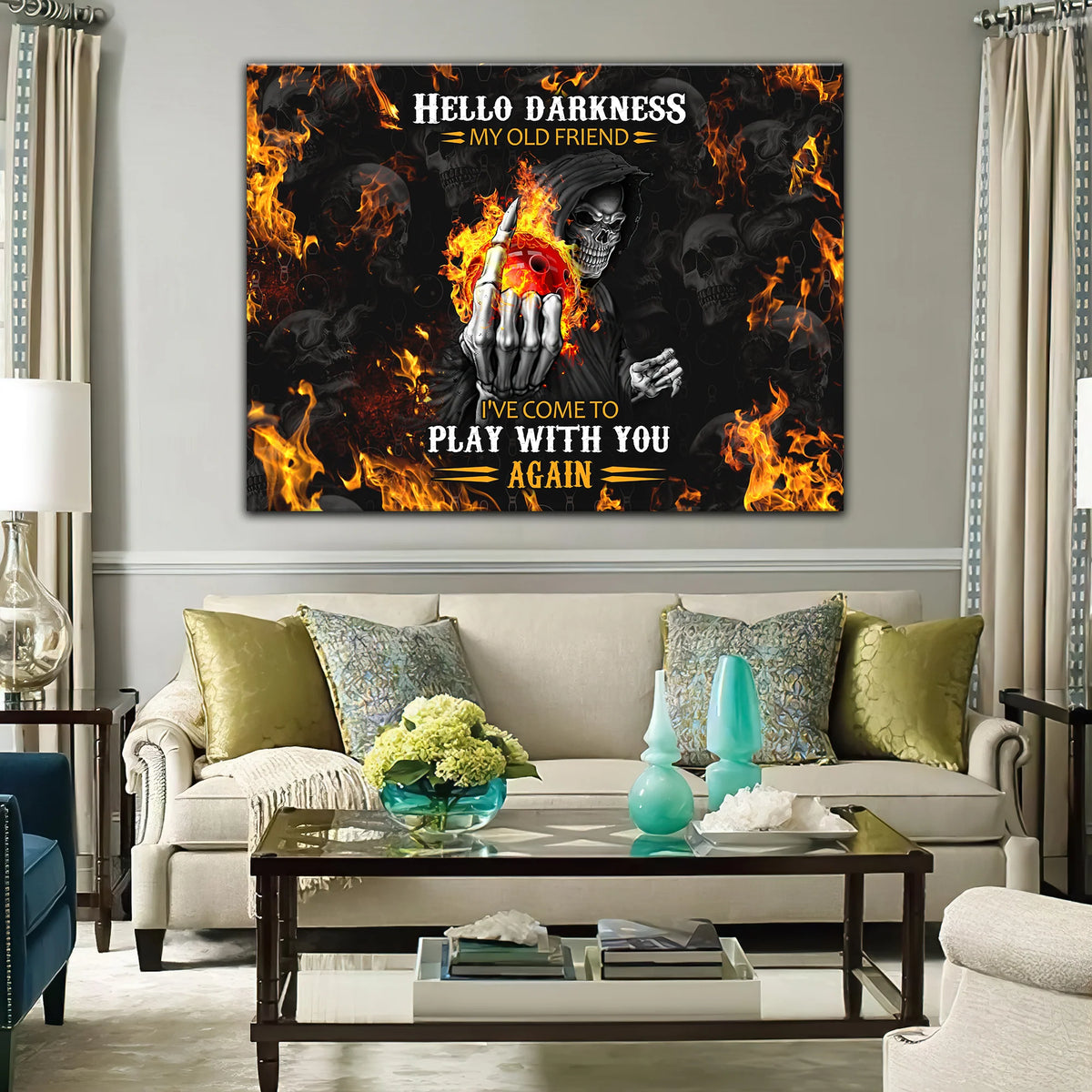 Bowling Skull Hello Darkness My Old Friend Graphic Printed Canvas Bowl Game Living Room Decor Gift For Bowlers ORN0120