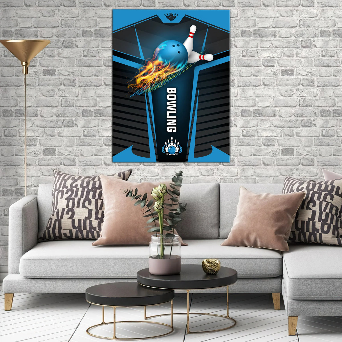 The Blue Bowling Ball In Flames Breaks White Skittles Graphic Printed Vertical Canvas Bowl Game Living Room Decor Gift For Bowlers ORN0130