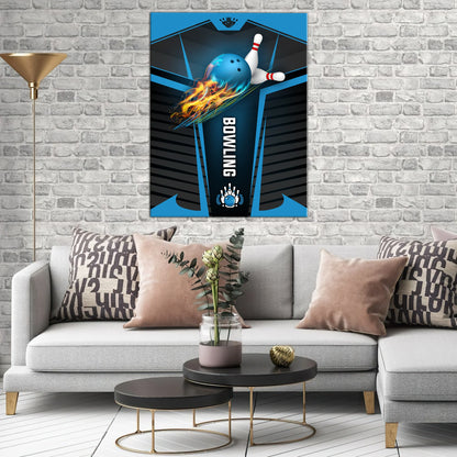 The Blue Bowling Ball In Flames Breaks White Skittles Graphic Printed Vertical Canvas Bowl Game Living Room Decor Gift For Bowlers ORN0130