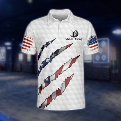 Custom American Flag White Golf Polo Shirts For Men, Personalised Patriotic Golf Shirts GOF0265