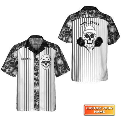 Skull Vertical Stripes Personalized Name 3D Hawaiian Shirt QB95 Gift For Pickleball Player PKL0151